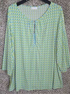 Susan Graver Top Womens Plus 2X Green Liquid Knit Blouse Zip Scoop Neck Ladies